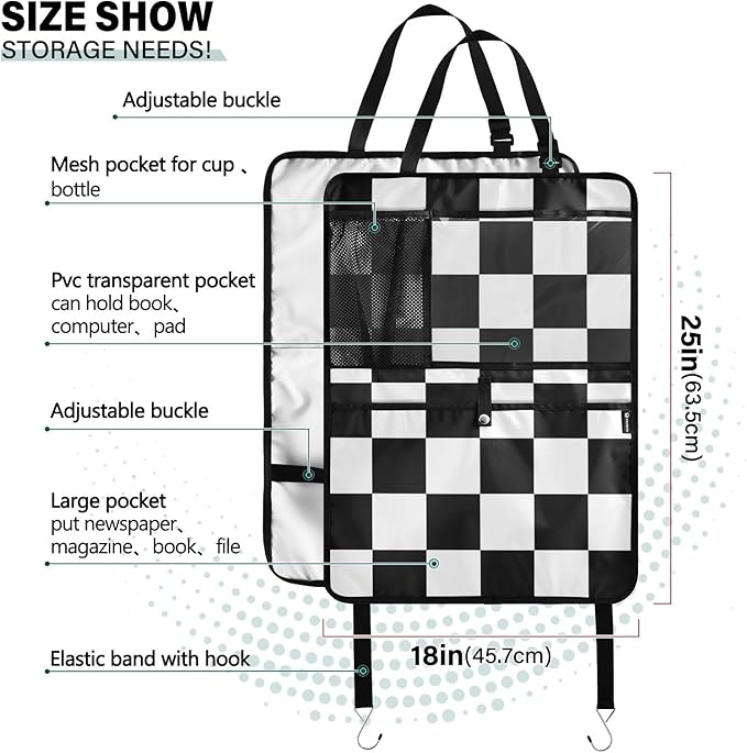 1 Pack Back Seat Car Organizer with Storage Pockets Kick Mats Back Seat Protector Hanging Car Organizer Automotive Seat Back Cover Organizers Checkered Black and White