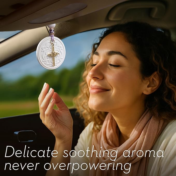 Luxury Car Air Freshener for Women - Refillable & Portable Essential Oil Fragrance Diffuser - Cute Car Accessories & Interior Decor - Mirror Hanging or Vent Clips - Two Hearts Cross Charm, Rose Scent