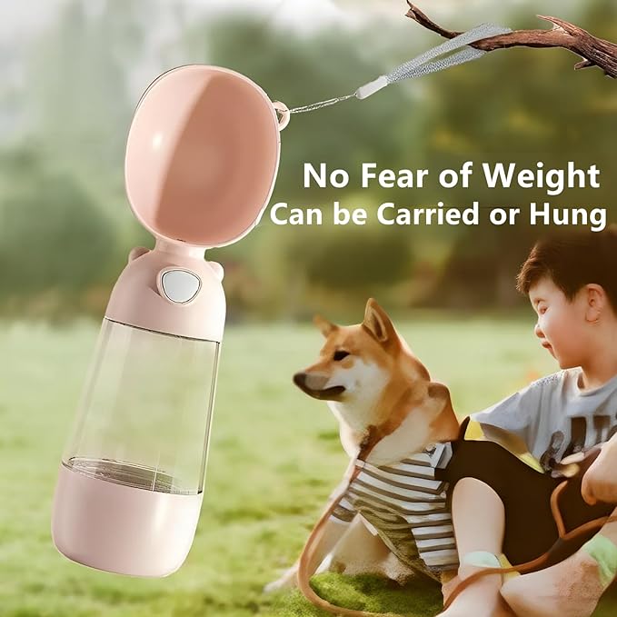 2 in 1 Dog Water Bottle with Food Container, Portable Dogs Water Dispenser, Outdoor Drink Bottles for Puppy, Cat, Pet, Essential Items for Travel, Walking, Hiking, Pet Accessories (Pink)