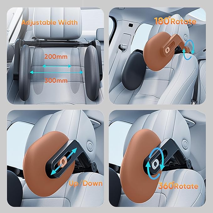 Car Headrest Pillow with Hook, Adjustable Car Seat Neck Support with Memory Foam & Ice Silk, 360° Rotating Travel Sleeping Headrest for Kids & Adults