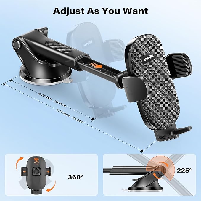 APPS2Car Suction Cup Phone Mount, Windshield/Dashboard/Air Vent Car Phone Holder Mount with Sticky Gel Pad, Compatible with iPhone, Samsung, All Cellphone, Thick Case Friendly