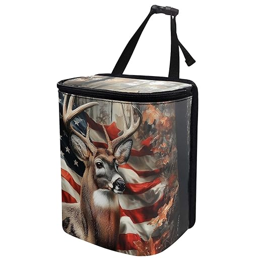 Camo Deer Car Trash Can with Lid Foldable American Flag Trash Bin for Car Interior Accessories Multipurpose Garbage Can Storage Organizer