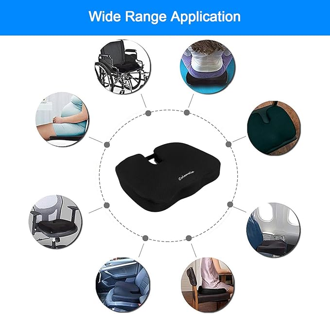 Seat Cushion Premium Memory Foam Non-Slip Coccyx Tailbone Cushion for Office Chair, Car Seat, Wheelchair, Yoga and Travelling- Back, Hip and Tailbone Pain Relief