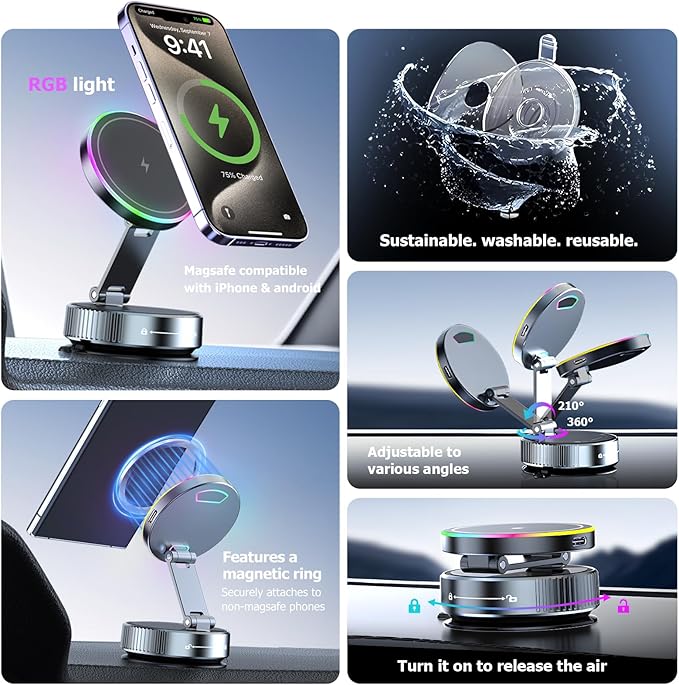 Vacuum Magnetic Phone Holder, 360° Adjustable Suction Phone Mount, The Charger for Magsafe Car Mount with Strong Vacuum Suction, Gifts for Men, Phone Holder for Your Car for iPhone 17 Pro Max
