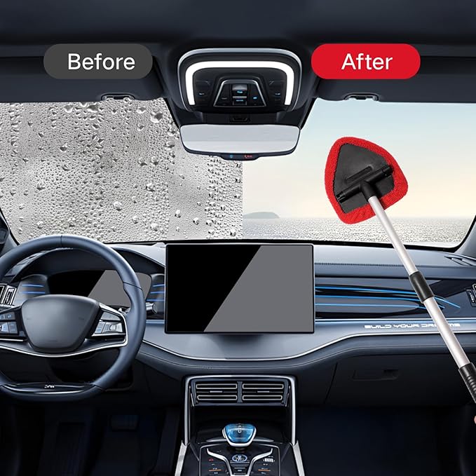 10pcs Windshield Cleaning Tool Inside Car Window Cleaner Wash Kit with 4 Reusable Microfiber Pads 1 Spray Bottle and Extendable Handle Interior Auto Glass Wiper Kit, Red