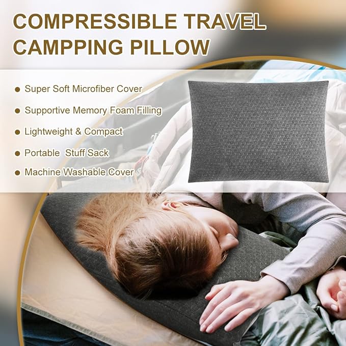Ivellow Memory Foam Travel Pillow Compressible Camping Pillow for Sleeping Shredded Memory Foam Pillow Compact Firm Supportive Travel Pillow for Adults Kids Outdoor Backpacking Hiking Essential Gear-L