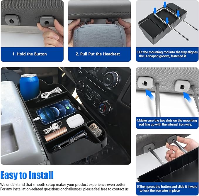 Jump Seat Front Seat Headrest Organizer for 2011-2026 Ford F150-F650 Super Duty Accessories- Truck Interior Storage Tray with Deep Cup Holder, Cable Hole, Non-Slip Silicone Mat & Coin Container
