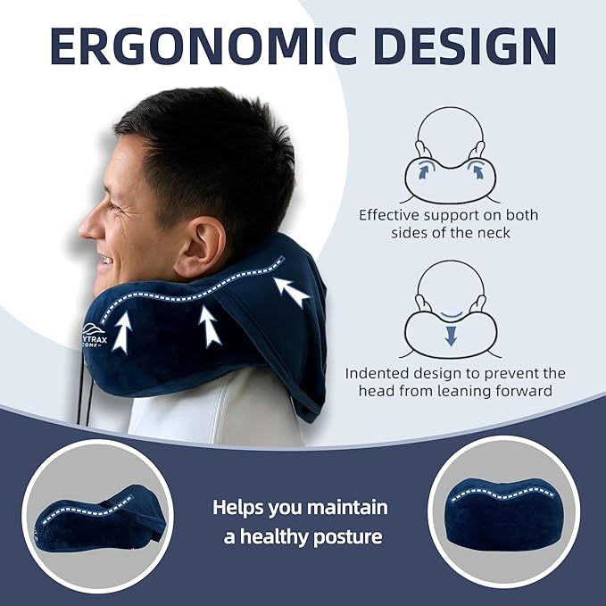 Travel Pillow with Extra Large Hood for Airplane Long Flights Privacy and Comfort Memory Foam with Velvet Cover for Road Trip Head&Neck Support for Plane Office Cars Sleeping & Rest (Navy Blue)