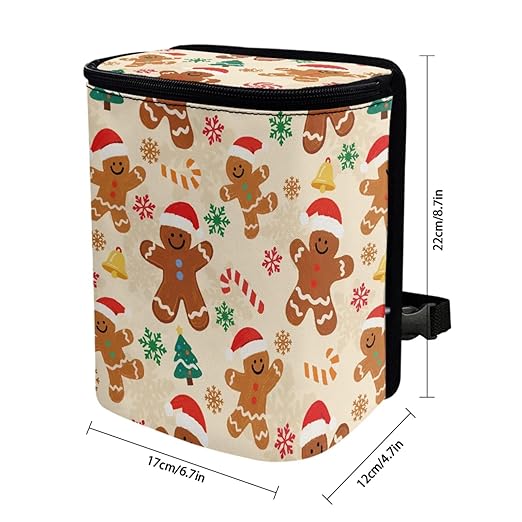 1.2 Gallons Car Trash Can for Back Seat, Gingerbread Man Car Trash Can, Adjustable Hanging for Tail of Console/Back of Seats, with Zipper Leak-Proof Lid Design, Mini Size for Convenience