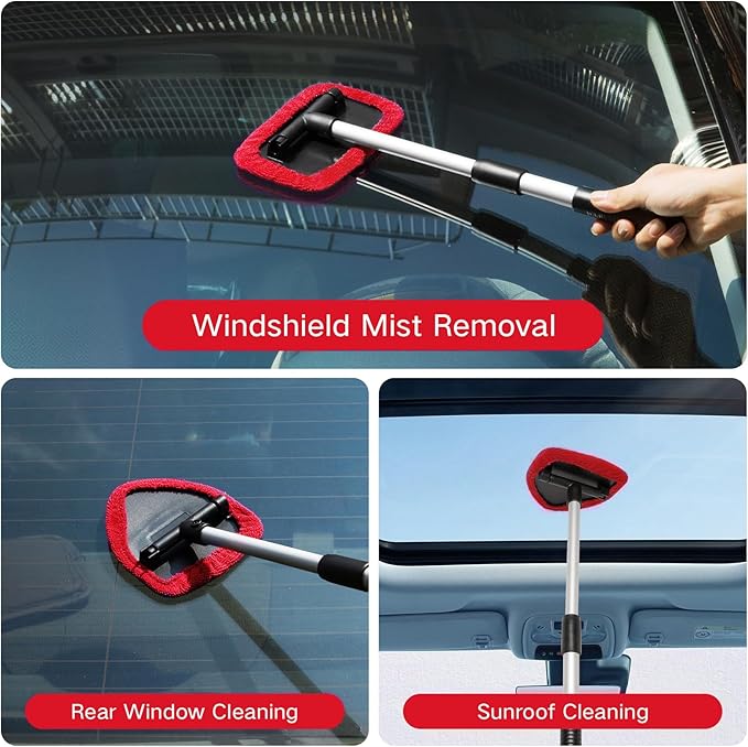 10pcs Windshield Cleaner Tool, Car Window Cleaning Wash Kit with 4 Reusable Microfiber Pads 1 Spray Bottle and Extendable Handle Auto Glass Wiper Kit, Red