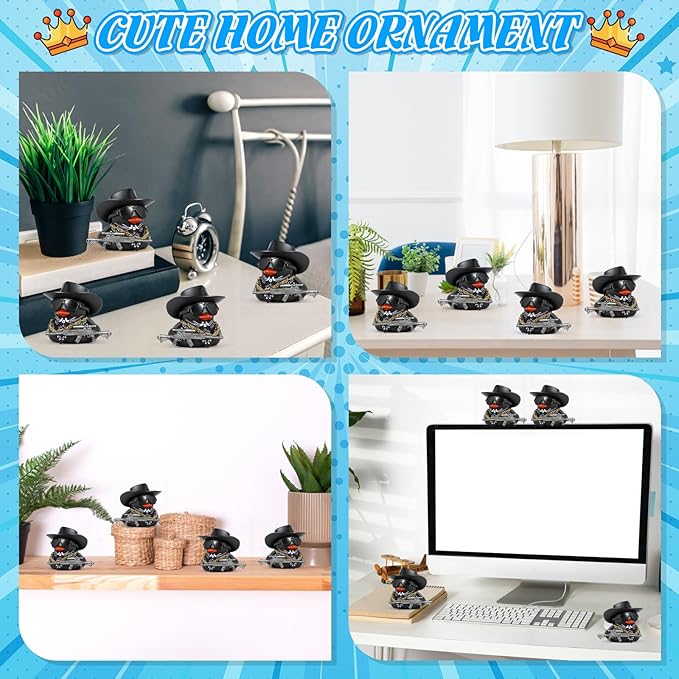 BOZILY Black Rubber Duck Car Ornaments Dashboard Decorations - Cowboy Hat, Sunglasses, Bandana, Gold Chain & Gun Accessory, Squeeze Squeak Sound, DIY Funny Decor for Car Interior