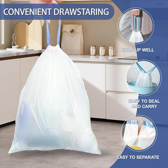 18 Gallon Trash Compactor Bags with Drawstring - 120 Count Heavy Duty 1.7 Mil Garbage Bags 68 Liter Tall Kitchen Bin Liners Unscented White for Home Yard Lawn
