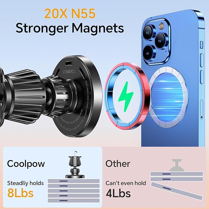 Coolpow for MagSafe Car Mount Charger【Ultra Magnet】Magnetic Phone Holders for Your Car Charger【Windshield+Vent+Dash】Magnetic Wireless Car Phone Holder Charger Car Mount for iPhone 17 Pro Max 16 15 14