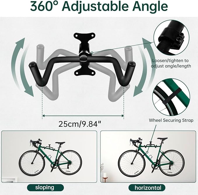 Black Bike Wall Mount Hanger Adjustable Space Saving Horizontal Bicycle Rack for Mountain Road Bikes Solid Home Garage Storage Cycling Holder Hook