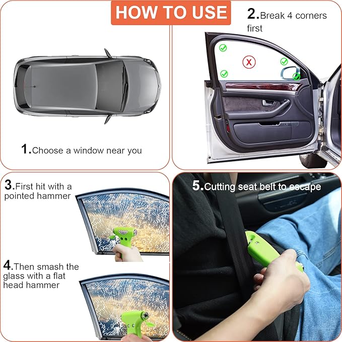 THINKWORK 6-in-1 Car Safety Hammer (Glow-in-Dark), Emergency Escape Tool with Window Breaker and Seat Belt Cutter for First Responders and Roadside Safety Kits, Life-Saving Hammer Gift for Family