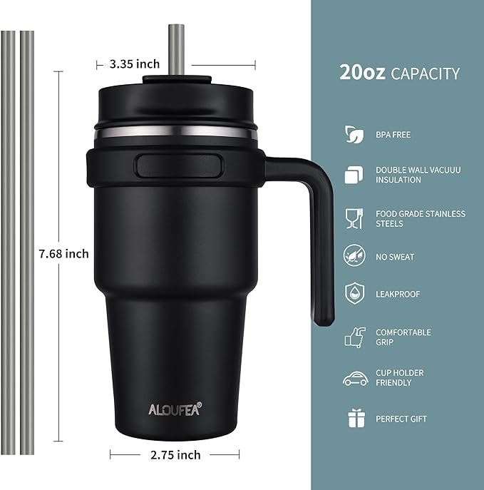 ALOUFEA 20 oz Insulated Coffee Mug Tumbler with Handle, Stainless Steel Travel Mug Tumbler with Lid and Straw,Double Wall Vacuum Leak Proof Ice Coffee Thermal Cup, Black and Army Green