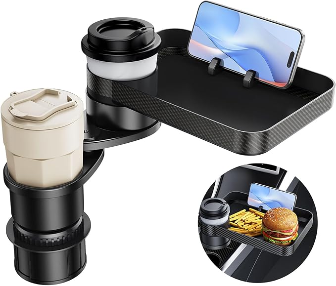Car Double Cup Holder Tray Table, Swivel Car Food Tray Table for Front/Rear Passenger Seat for Eating, Cup Holder Expander with Phone Holder, Drink Sauce Holder for Car, Road Trip Essentials