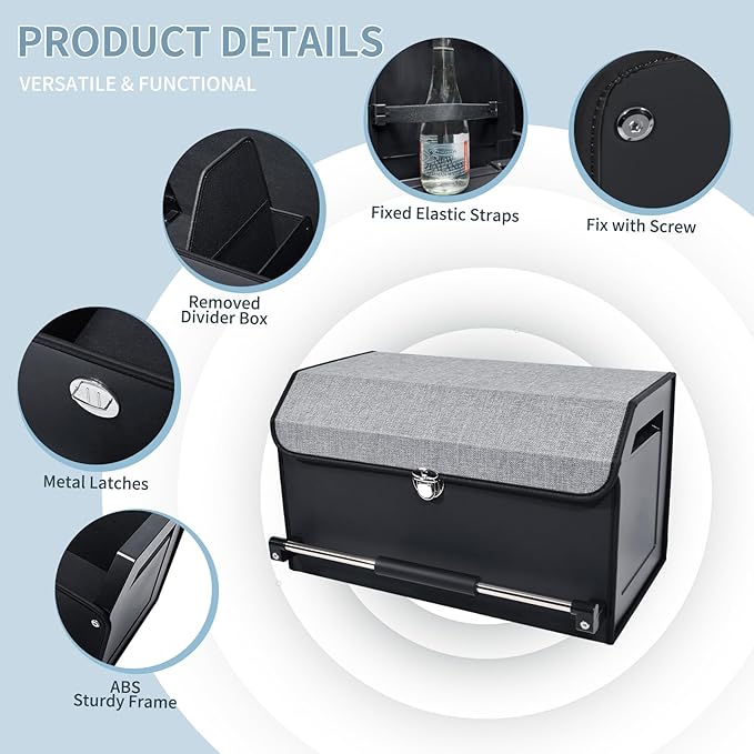 Car Trunk Organizer, Leather Trunk Organizer with Push-pull Handle and Lid Car Trunk Storage Organizer for SUV, Minivan, Truck (Grey, 20.47 x 11.42 x 12.2in)