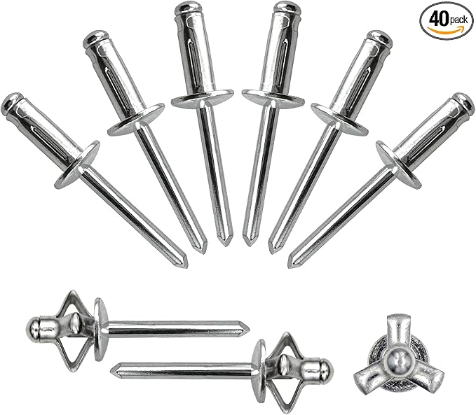 1/4/" x 5/8" Tri-Fold Rivets Assortment - 40Pcs,Silver Tri-fold Exploding Pop Rivets Solid Aluminum Tri Grip Rivets Bulb Style Rivets for Kayak Marine Boat