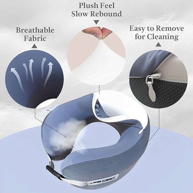 Memory Foam U Shaped Travel Neck Pillow with Compact Carry Case - Ideal for Airplanes, Car Trips & Long Flights, Travel Essentials