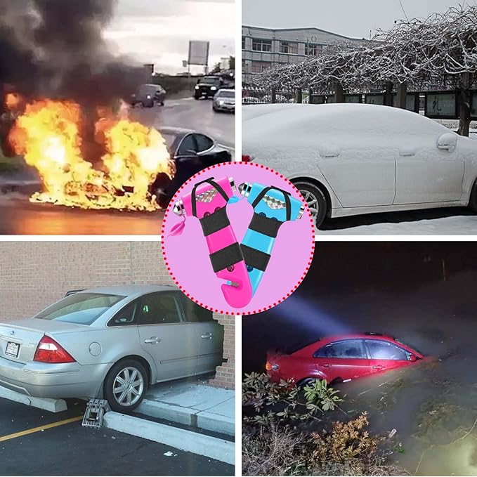 2 Pack Car Safety Hammer, 3-in-1 Emergency Escape Tool Window Breaker and Seat Belt Cutter with Light Reflective Tape for Family Safety Emergency Car Escape Tool（Pink Blue）