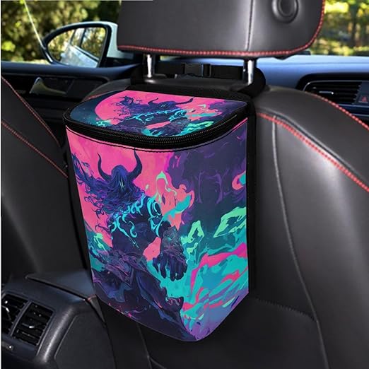 1.2 Gallons Car Trash Can for Back Seat, Hell Lord Hanging Car Trash Can, Adjustable Hanging for Tail of Console/Back of Seats, with Zipper Leak-Proof Lid Design, Mini Size for Convenience