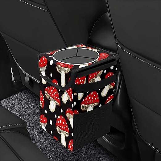 Car Trash Can with Lid & Multiple Pockets,Foldable Vehicle Garbage Bin Waterproof & Leak Proof Automotive Garbage Cans Car Accessories for Women Men Road Trip Essentials Mushrooms