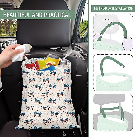 Cute Car Trash Can, Hanging Canvas Car Back Seat Organizer and Storage Bag, Funny Car Trash Bag For Travelling, Outdoor American Patriotic Bow