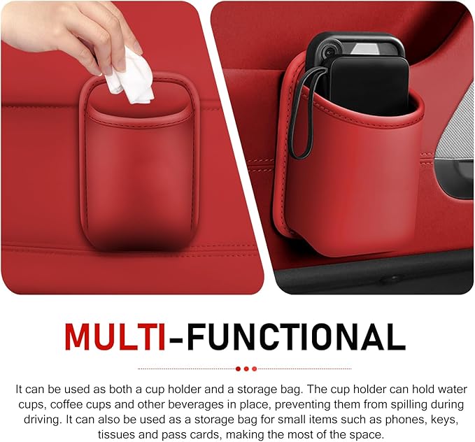 Car Door Cup Holder, Leather Backseat Cup Holder for Car, Multifunctional Clip On Storage Box for Beverage Phones Keys Snacks, Universal Storage Organizer Accessory (Red)