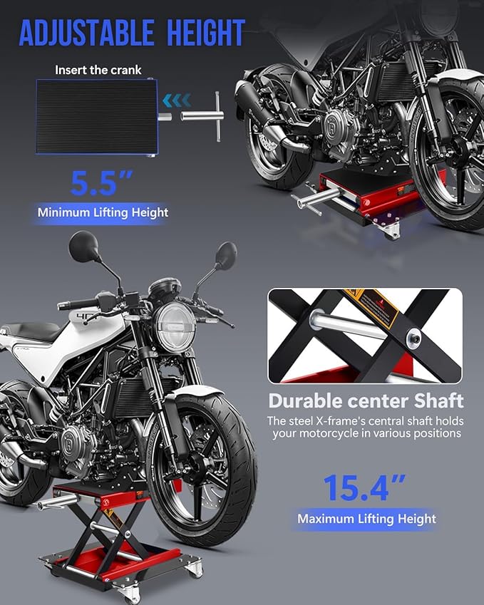 1100LBS Motorcycle Lift Scissor Jack with Dolly Wheels & Hand Crank, Heavy Duty Adjustable Bike Lift Stand with Foldable Non-Slip Platform for Cruiser, Dirt Bike, ATV Garage Repair