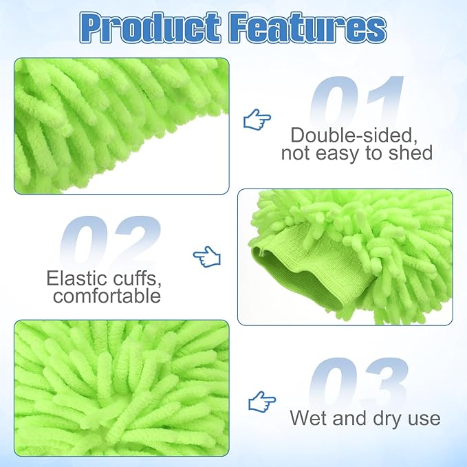 HARFINGTON Chenille Microfiber Car Wash Mitts 10" x 7.5" Scratch Free Wash Gloves Absorbent Double Sided Plush Cleaning Drying Mitts for Car Washing Home Clean Lime Green