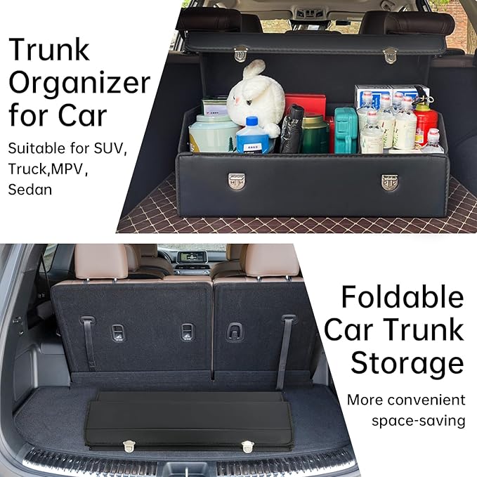 Trunk Organizer for Car With Lid,Foldable Trunk Organizer for SUVs & Sedans,Multi-Functional Leather Storage Box- Black - Large