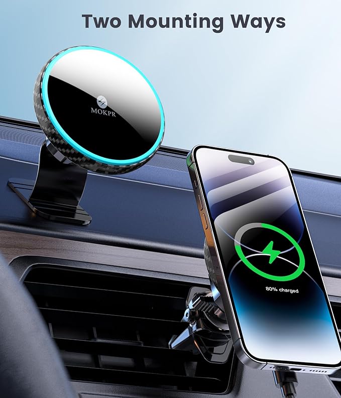 MOKPR for Magnetic Car Mount Charger-15W Wireless Car Charger-Magnetic Car Phone Holder for Dash Air Vent-LED RGB HandsFree Car Mount Fast Car Charger for iPhone 14/13/12 Series Carbon Fiber