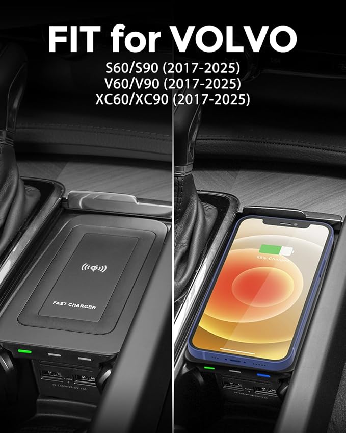 Car Wireless Phone Charger for Volvo 2017-2025 XC90 XC60 S90 S60 V90 V60 2025 2024 2023 2022 2021 2020 2019 2018 2017 Center Console Accessories Charging Pad