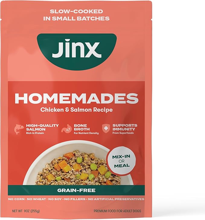 Jinx Wet Dog Food Topper, Mix with Dry Dog Food, Made with Real Salmon & Chicken, Bone Broth, No Fillers, for All Lifestages, 9oz, 1 Pack