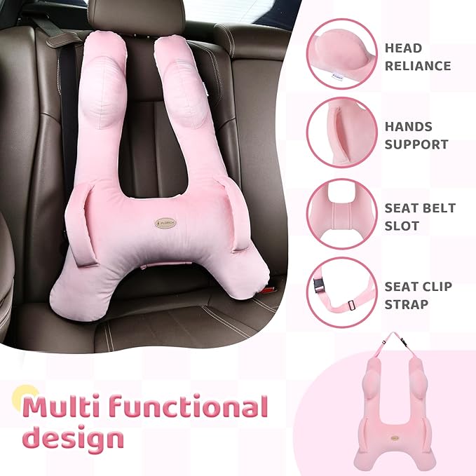 FLORICH Kids Travel Pillow, Car Sleeping Travel Pillow for Kids, Washable H-Shaped Pillow for Adults and Children to Support Head and Body for Road Trips Pillow for Car (Pink)