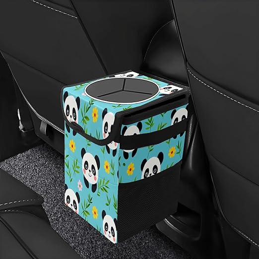 Car Trash Can with Lid, Small Portable Hanging Automotive Garbage Bin for Vehicles, Leakproof Waste Bag Container for SUV Truck Van Interior Auto Travel Road Trips(Panda and Bamboo Leaves)
