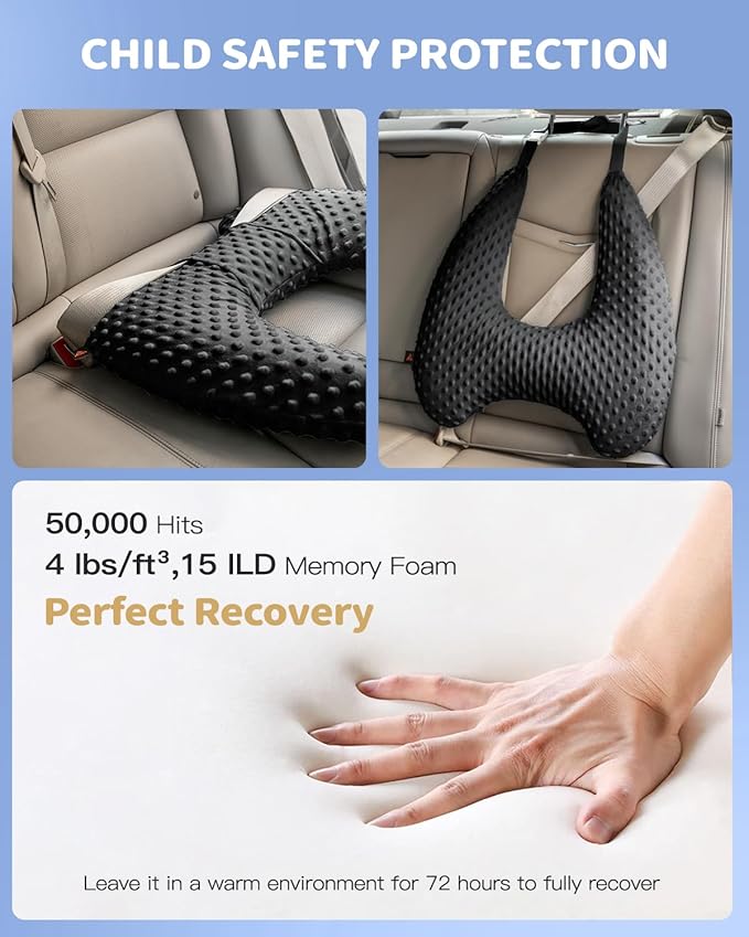 Memory Foam Kids Travel Pillow, Car Pillow for Kids, H-Shape Car Pillows for Sleeping, Removable Pillowcase, Adjustable, Velvet Dots, Black