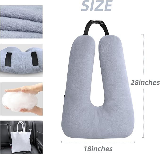 Car Travel Pillow for Adults Kids, Comfortable Sleeping Pillow for Road Trips, Soft Support Cushion for Head and Body in Back Seat, Sleep Aid for Long Car Journeys, Gray