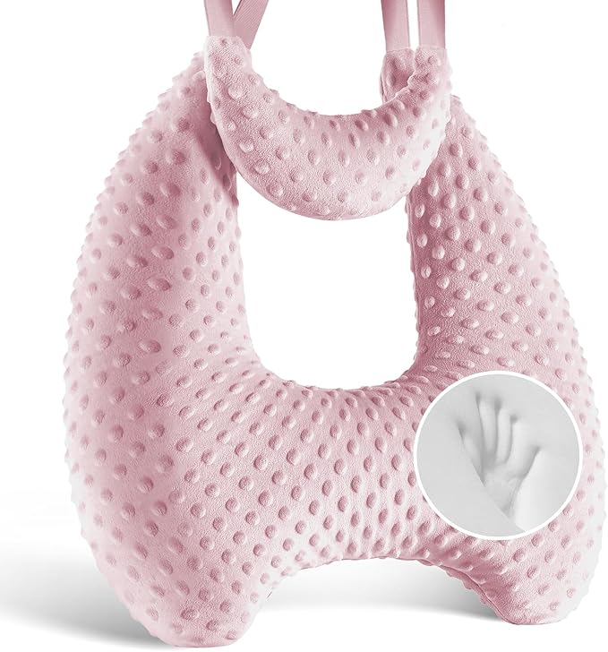 Memory Foam Kids Travel Pillow, Car Pillow for Kids, H-Shape Car Pillows for Sleeping, Removable Pillowcase, Adjustable, Velvet Dots, Pink