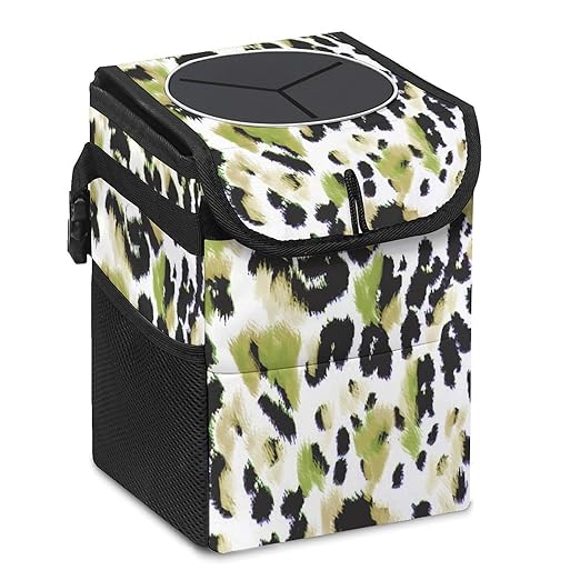 Leopard Print Car Trash Can with Lid - Collapsible Reusable Waterproof Garage Bag,Automotive Garbage Can,Car Accessories Interior Organizer
