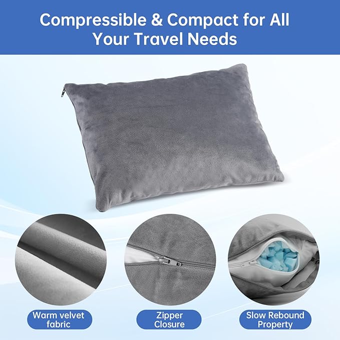 Travel Pillow Compressible Camping Pillow,Compressible Medium Firm, Breathable Cover,Machine Washable,Shredded Memory Foam Pillow Compact Firm Supportive for Adults Kids Outdoor Hiking