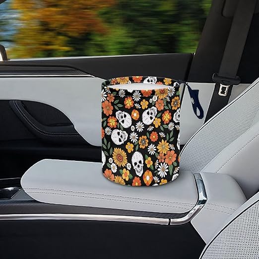 Trash Bag, Car Garbage Can Hanging Back Seat Organizer Trash Can Bin for Vehicle, Travelling, Camping - Gothic Flower Skull