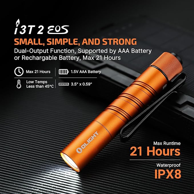 OLIGHT I3T 2 EOS Pocket EDC Flashlight, 200 Lumens Compact Bright Handheld Flash Lights, Dual-Output Tail Switch with AAA Battery and Two-Way Pocket Clip for Camping and Hiking (Orange)