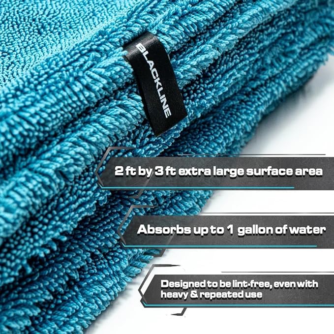Blackline Car Drying Towel - 2ftx3ft XL-Popular Pick Among Detailing Pros -Aqua 1300 GSM Microfiber Accessory - Absorbs Over 8lbs of Water - Leaves No Streaks, Spots or Scratches - Dries an Entire Car