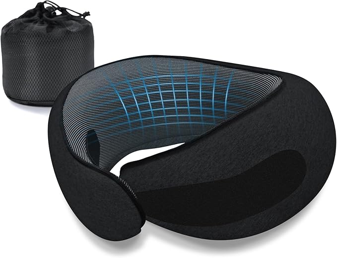 Neck Travel Pillows for Airplanes Memory Foam Neck Comfort Pillow Compact Ergonomic Design Sleeping Essentials for Long Flights Car Rides and Home Use (Black)