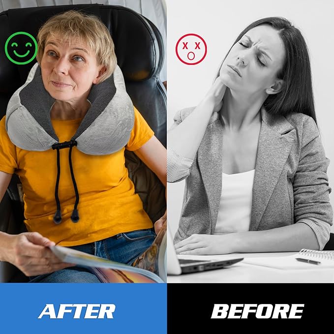 Travel Pillow 3-in-1 Memory Foam Ergonomic Neck Support Pillow for Airplanes with Ear Plugs & Eye Mask | Machine Washable Travel Pillow for Long Flights, Road Trips & Camping (Grey+Black)