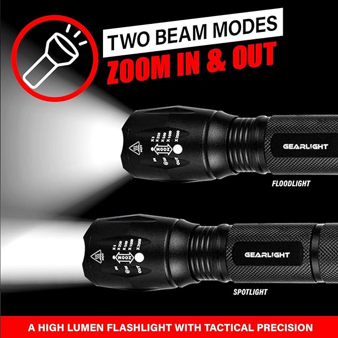 GearLight LED Flashlight Bright, Zoomable Tactical Flashlights with High Lumens and 5 Modes for Emergency and Outdoor Use -Camping Accessories -S1000 - S1000-1 Pack, (Batteries Included)