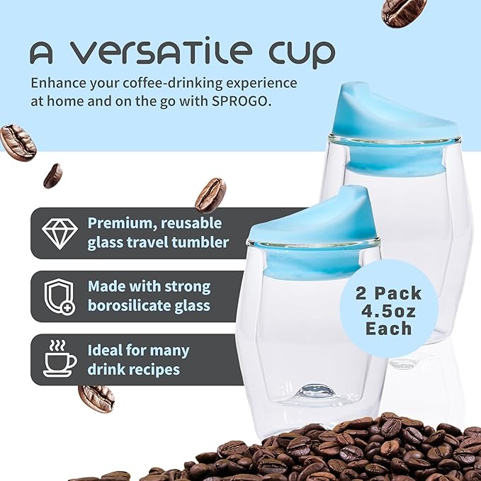 To-Go Espresso Glass Travel Mug with Lid, Reusable Double Wall Glass Tumbler, Fits Most Coffee Makers/Cupholders for Your Car, Gifts for Coffee Lovers, 2-Pack Iced Blue Cortado Cups