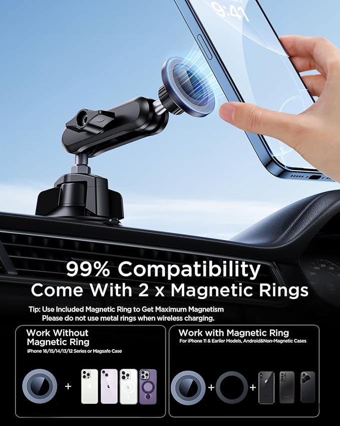 Magnetic Car Phone Holder [3-in-1] for Dashboard, Windshield & Vent, with Strong Suction Cup, Adjustable Metal Arm & 360° Rotation, Universal Phone Mount for All Cell Phones